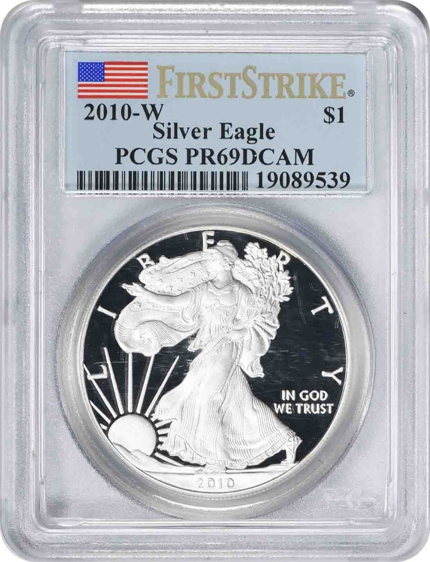 First Strike 2010-W American Silver Eagle Proof PCGS PR69DCAM Dollar: First Strike 2010-W American Silver Eagle Proof PCGS PR69DCAM Dollar This is a 2010-W $1 American Silver Eagle coin, certified by PCGS as PR69DCAM First Strike. Minted at the West Point Mint, this pro