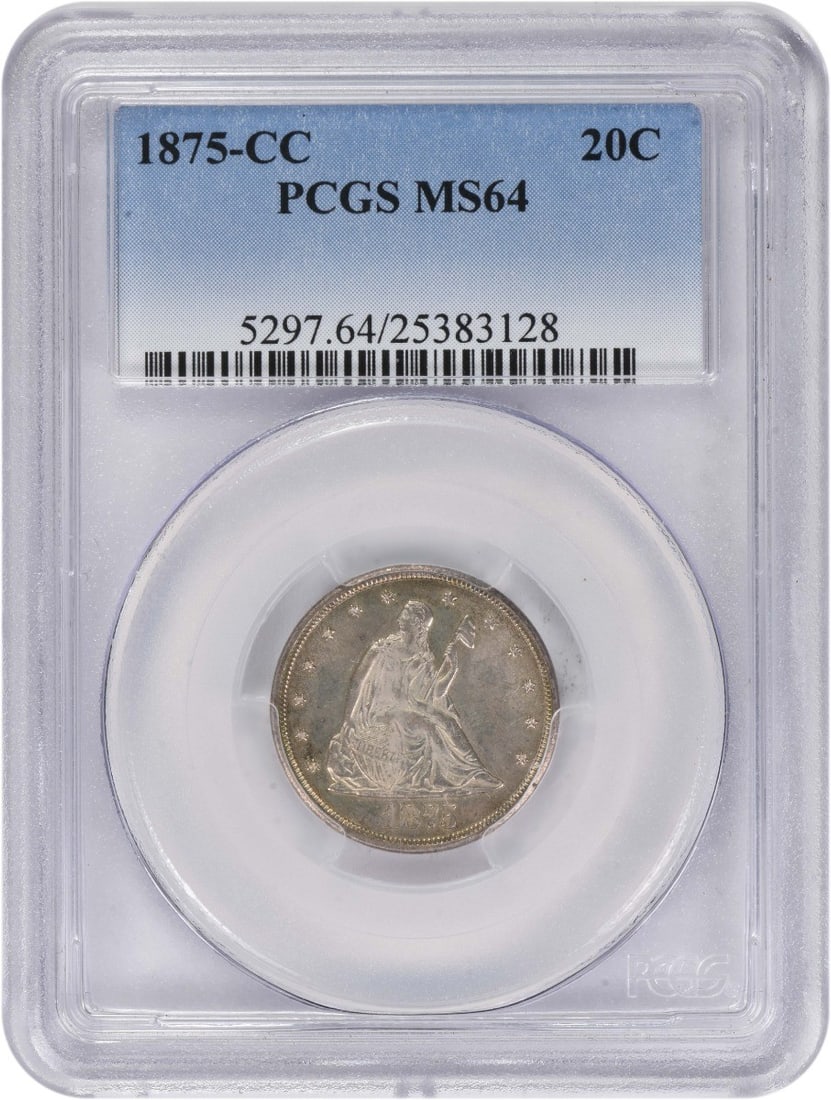 1875 Carson City 20 Cent Coin MS64 Graded by PCGS: 1875 Carson City 20 Cent Coin MS64 Graded by PCGS This 1875-CC Twenty Cent Silver Piece is graded MS64 by PCGS, indicating a high-quality, uncirculated coin. Minted in Carson City, this pre-owned coin
