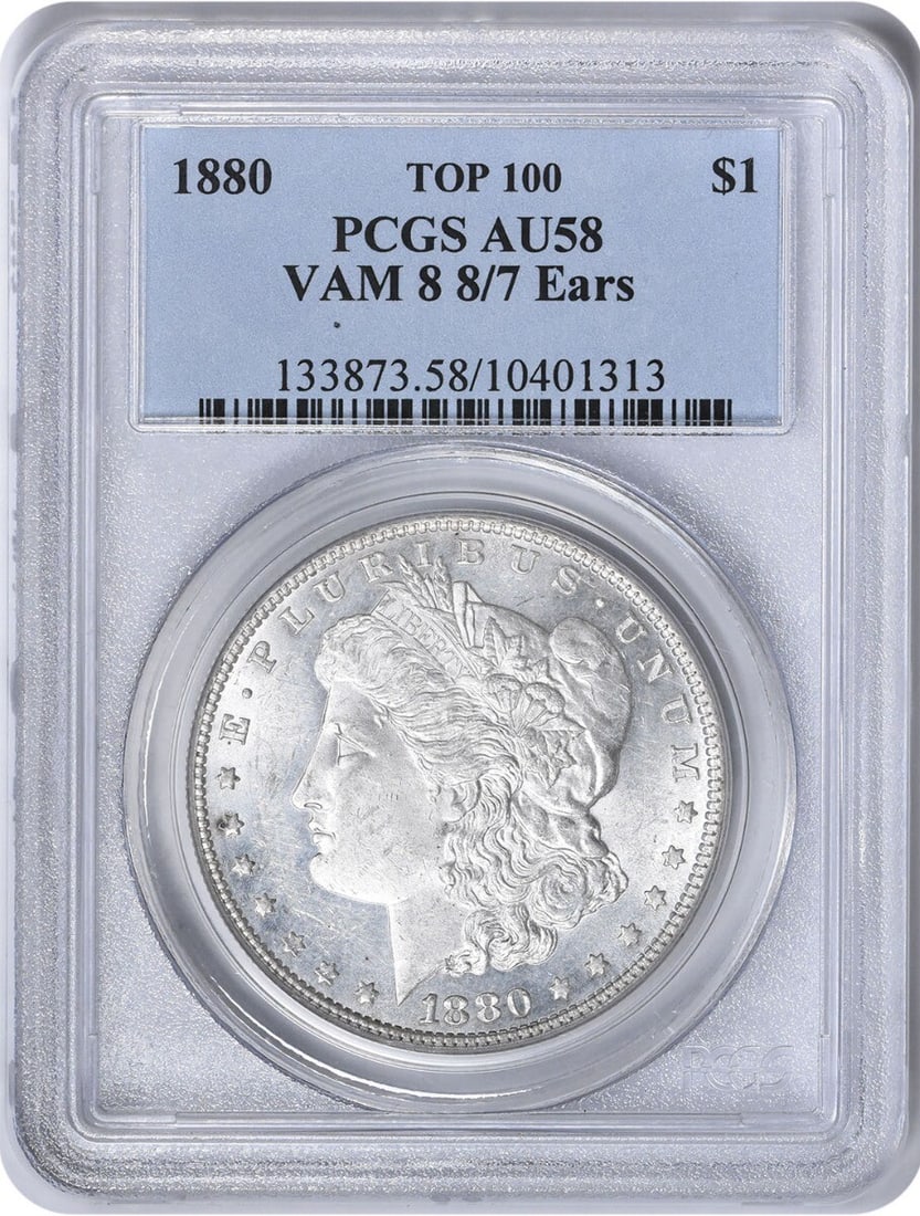 1880 Morgan Silver Dollar VAM 8 AU58 PCGS Certified: 1880 Morgan Silver Dollar VAM 8 AU58 PCGS Certified This 1880 VAM 8 Morgan Silver Dollar is a remarkable piece of numismatic history. Graded AU58 by PCGS, this coin showcases a stunning design by Geor
