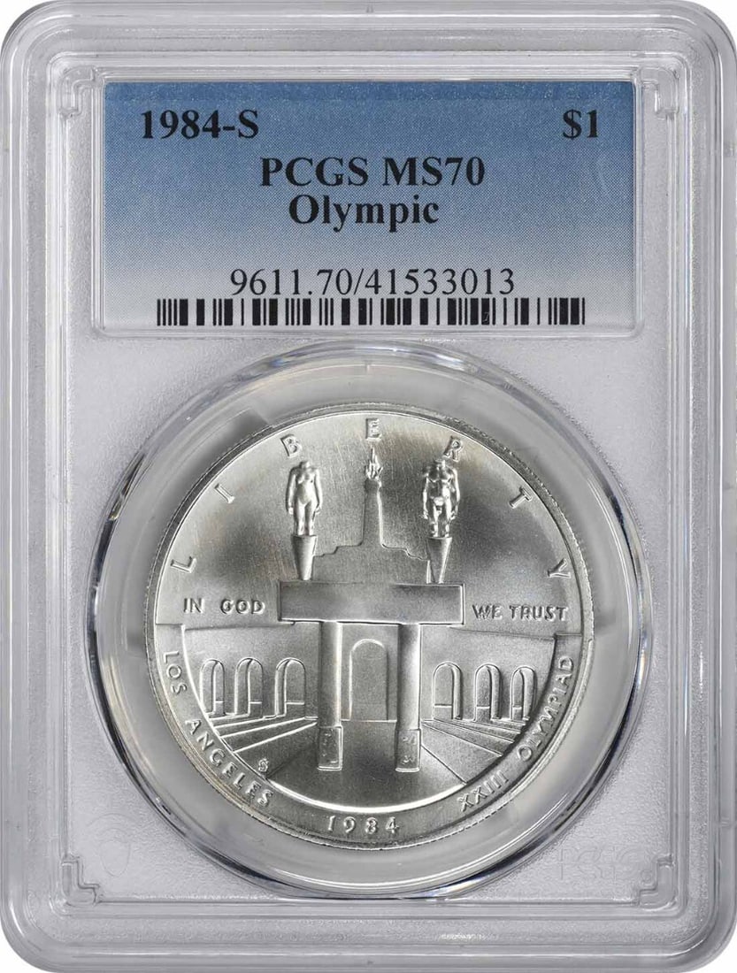 PCGS MS70 1984-S Olympic Silver Dollar Commemorative Coin: PCGS MS70 1984-S Olympic Silver Dollar Commemorative Coin This 1984-S Olympic Silver Commemorative Dollar is graded MS70 by PCGS, indicating a flawless Mint State 70 condition. Struck in San Francisco