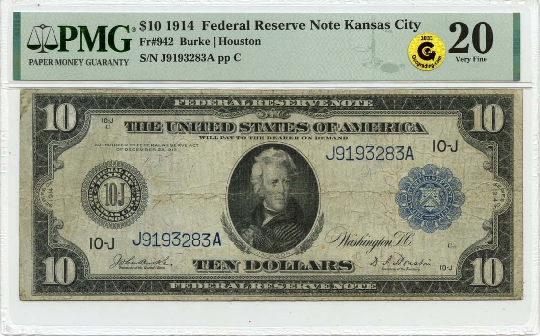 1914 $10 Federal Reserve Note Kansas City PMG VF20 Certified: 1914 $10 Federal Reserve Note Kansas City PMG VF20 Certified This is a 1914 $10 Federal Reserve Note from Kansas City, graded VF20 by PMG. It is a circulated note that showcases the historical signifi