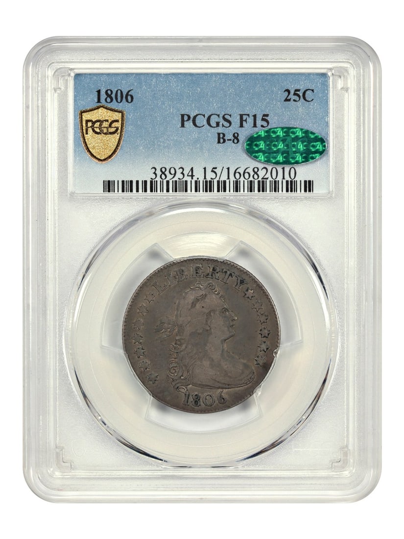 PCGS CAC 1806 Draped Bust Quarter Browning-8 Fine 15 Philadelphia 25C: PCGS CAC 1806 Draped Bust Quarter Browning-8 Fine 15 Philadelphia 25C This 1806 Draped Bust Quarter is certified by PCGS with a Fine 15 grade and features the Browning-8 die pairing, recognized as the