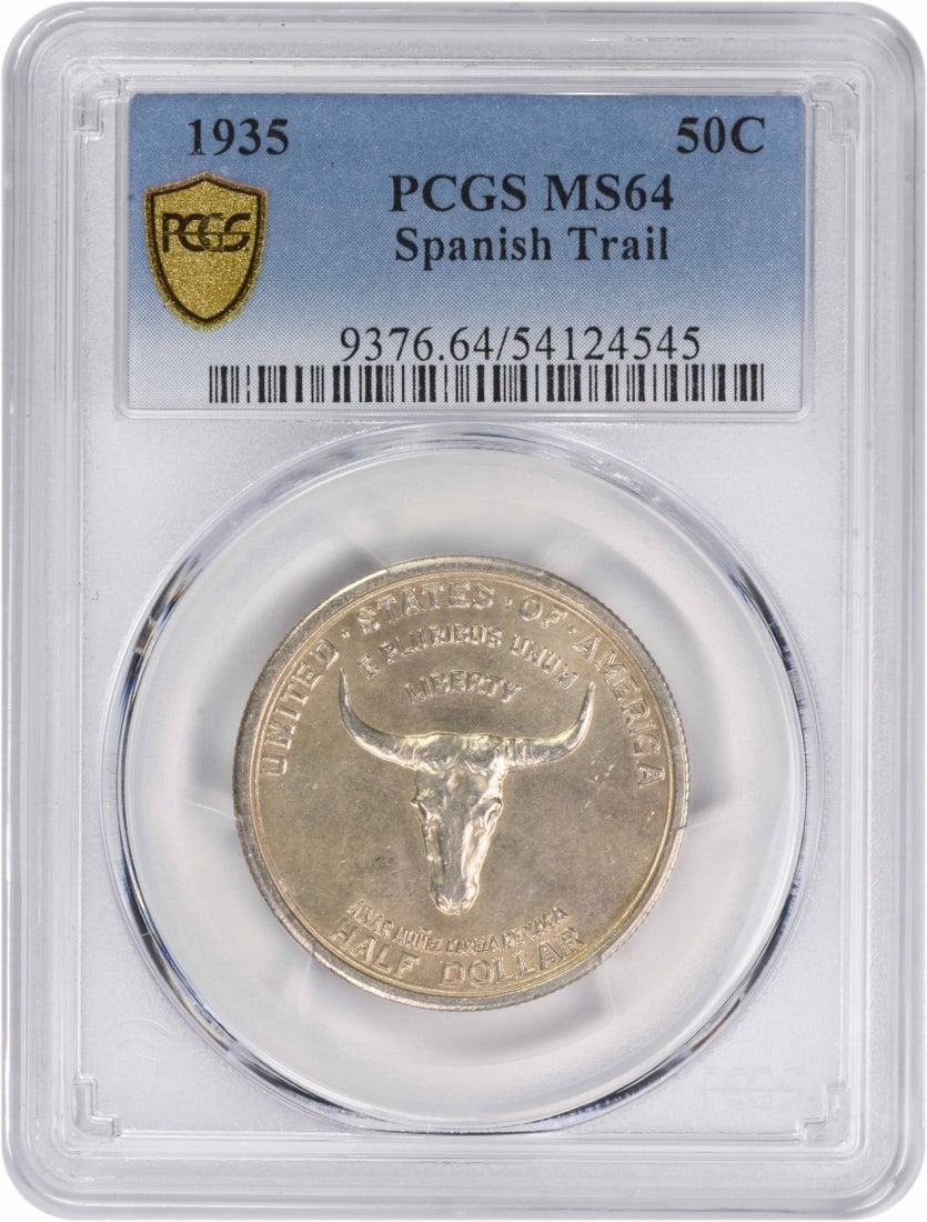 1935 Spanish Trail Commemorative Half Dollar MS64 PCGS Uncirculated: 1935 Spanish Trail Commemorative Half Dollar MS64 PCGS Uncirculated This 1935 Spanish Trail Commemorative Half Dollar is a remarkable piece of numismatic history, certified by PCGS with a grade of MS6