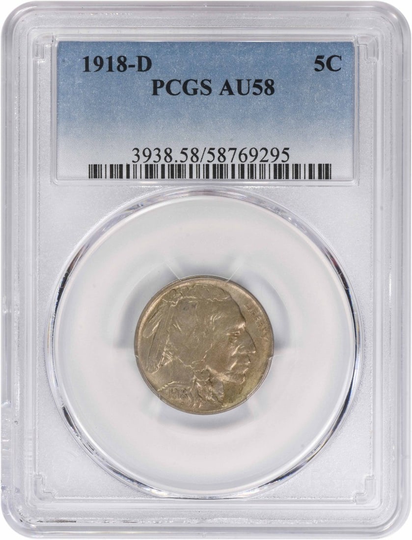 PCGS AU58 1918 Denver Buffalo Nickel 5C United States Coin: PCGS AU58 1918 Denver Buffalo Nickel 5C United States Coin This 1918-D Buffalo Nickel has been graded AU58 by PCGS. Featuring the classic design by James Earle Fraser, this coin was minted in Denver i