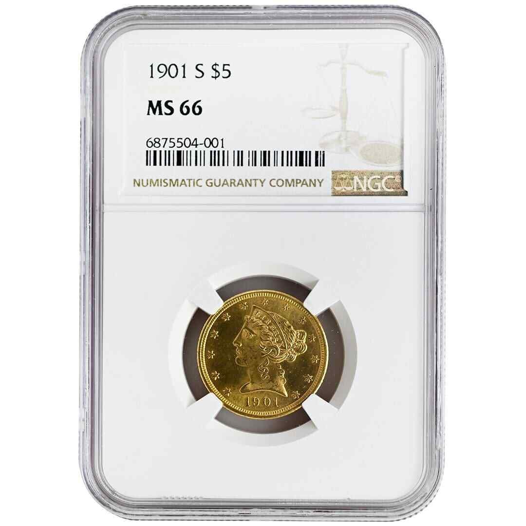 NGC MS66 1901 San Francisco $5 Gold Liberty Head Coin: NGC MS66 1901 San Francisco $5 Gold Liberty Head Coin This 1901-S $5 Liberty Head gold coin is certified by NGC with a grade of MS66, indicating uncirculated condition. Minted in San Francisco, it fea