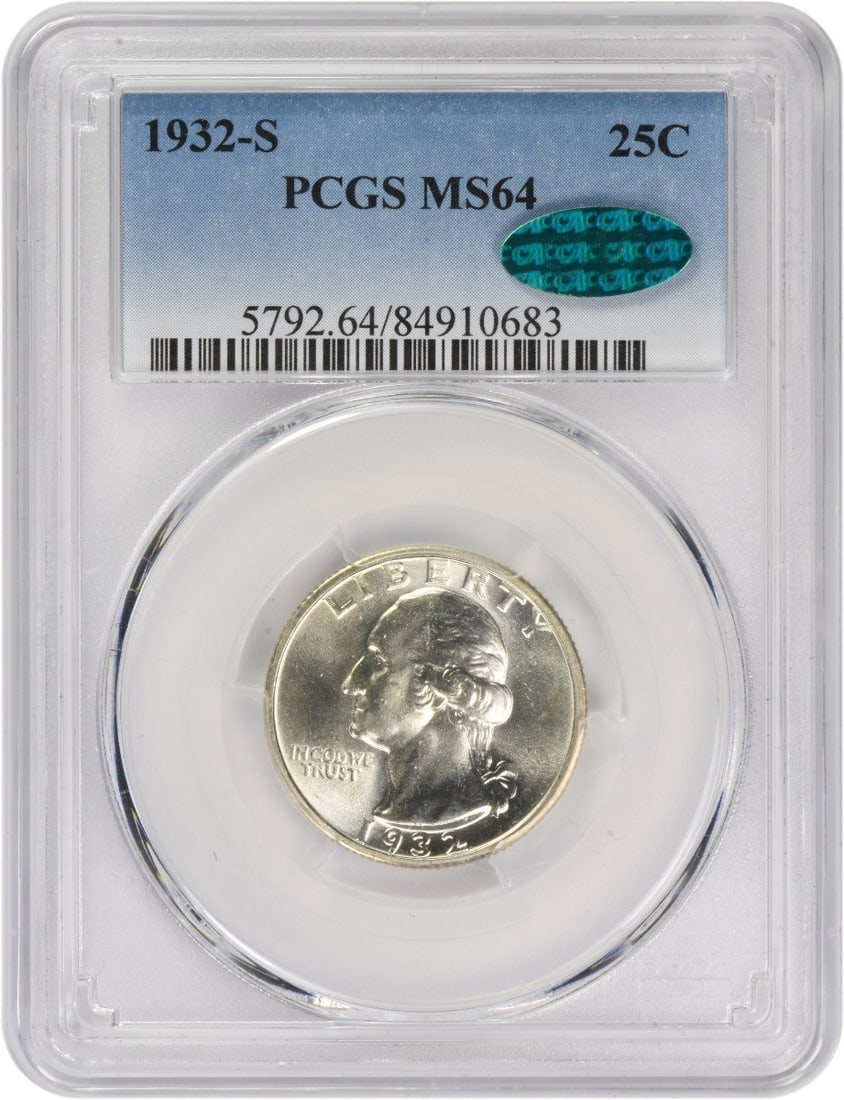 PCGS CAC MS64 San Francisco 1932 Washington Quarter 90 Percent Silver: PCGS CAC MS64 San Francisco 1932 Washington Quarter 90 Percent Silver This is a 1932-S Washington Quarter graded MS64 by PCGS and approved by CAC. Struck in San Francisco, this uncirculated coin is co