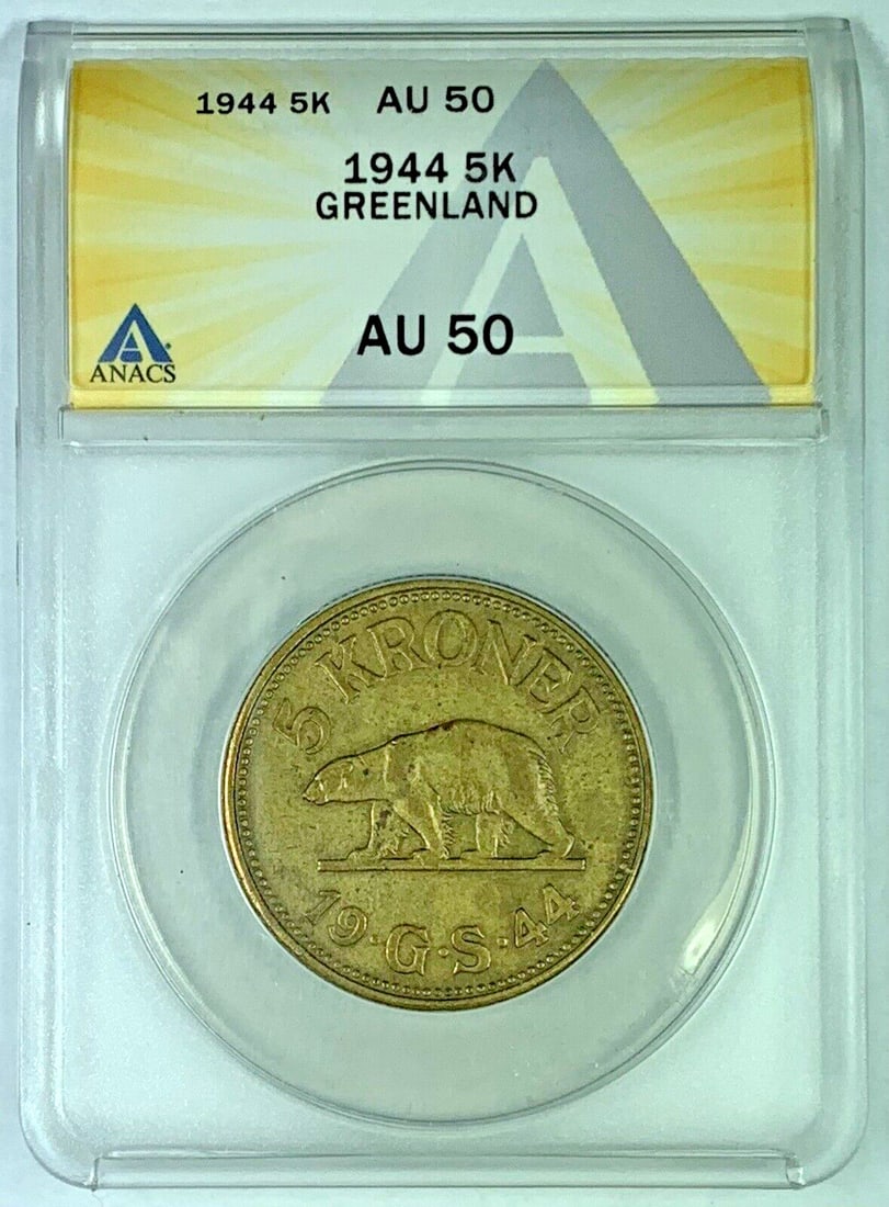 Greenland 1944 Five Kroner Polar Bear Coin ANACS AU 50 Certified: Greenland 1944 Five Kroner Polar Bear Coin ANACS AU 50 Certified This is a 1944 5 Kroner coin from Greenland featuring a polar bear design. The coin is graded AU 50 by ANACS and is in pre-owned condit