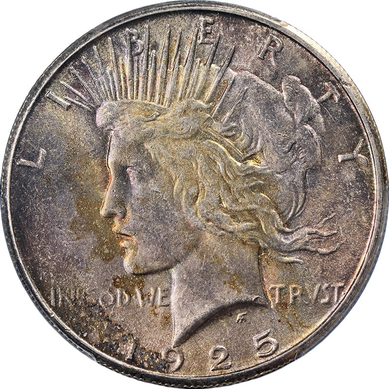 PCGS MS63 1925-S Peace Silver Dollar With Attractive Toning: PCGS MS63 1925-S Peace Silver Dollar With Attractive Toning This is an original 1925-S Peace Dollar graded PCGS MS63. The coin features neat toning, impressive luster, and a well-defined strike, with