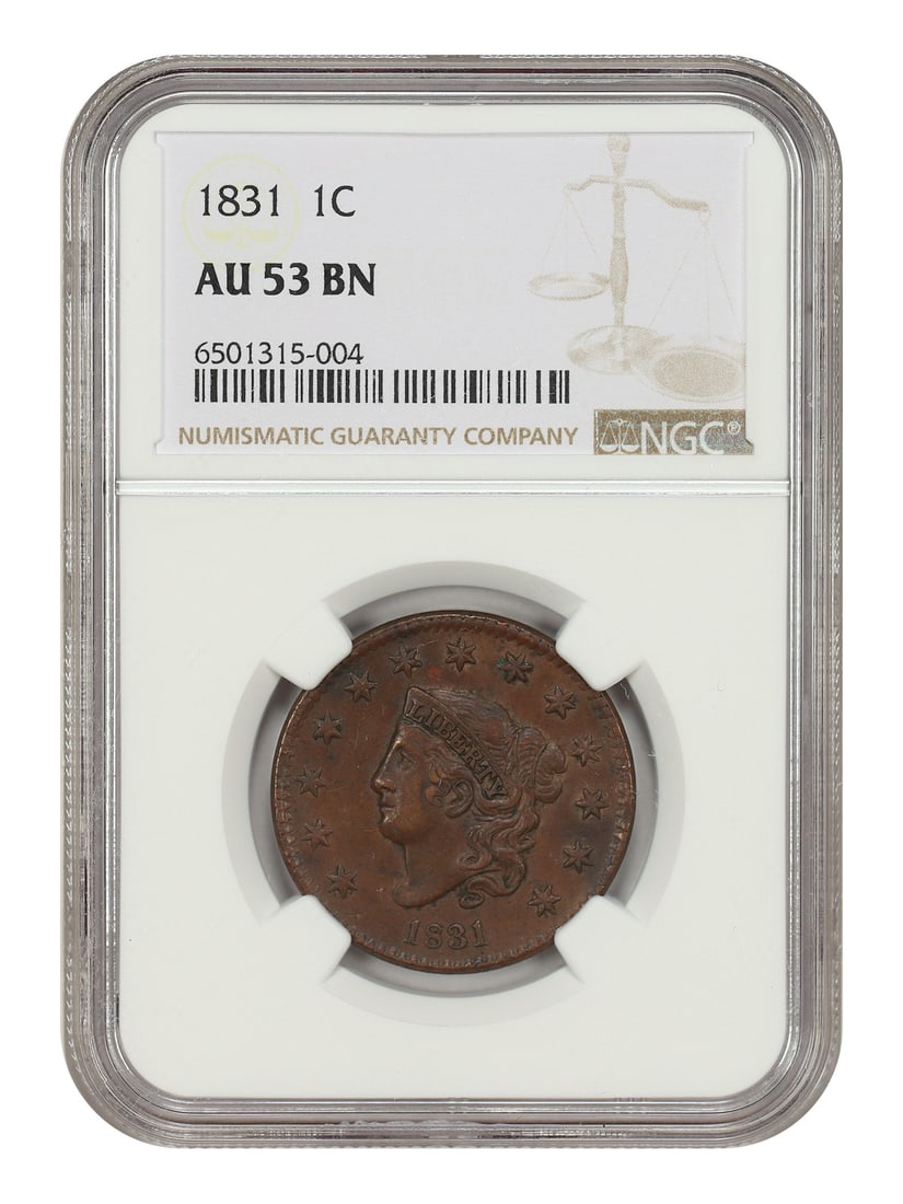 NGC AU53 Graded 1831 Coronet Head One Cent Coin: NGC AU53 Graded 1831 Coronet Head One Cent Coin This is an 1831 Coronet Head Cent graded AU53 by NGC. The coin is circulated and features the Coronet Head design. It was struck at the Philadelphia Min