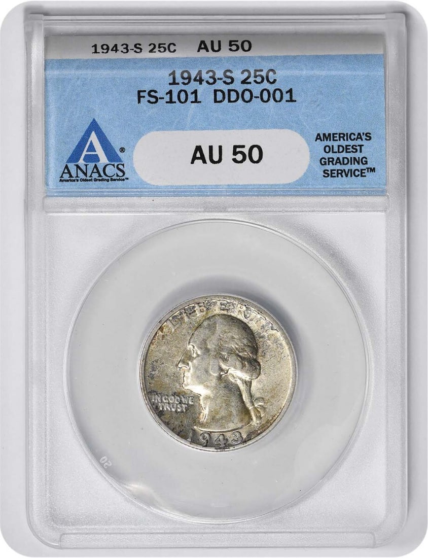 1943-S Washington Quarter DDO AU50 Certified ANACS: 1943-S Washington Quarter DDO AU50 Certified ANACS This 1943-S Washington Quarter features a double die obverse (DDO) and is graded AU50 by ANACS. Struck at the San Francisco mint, this coin is a nota