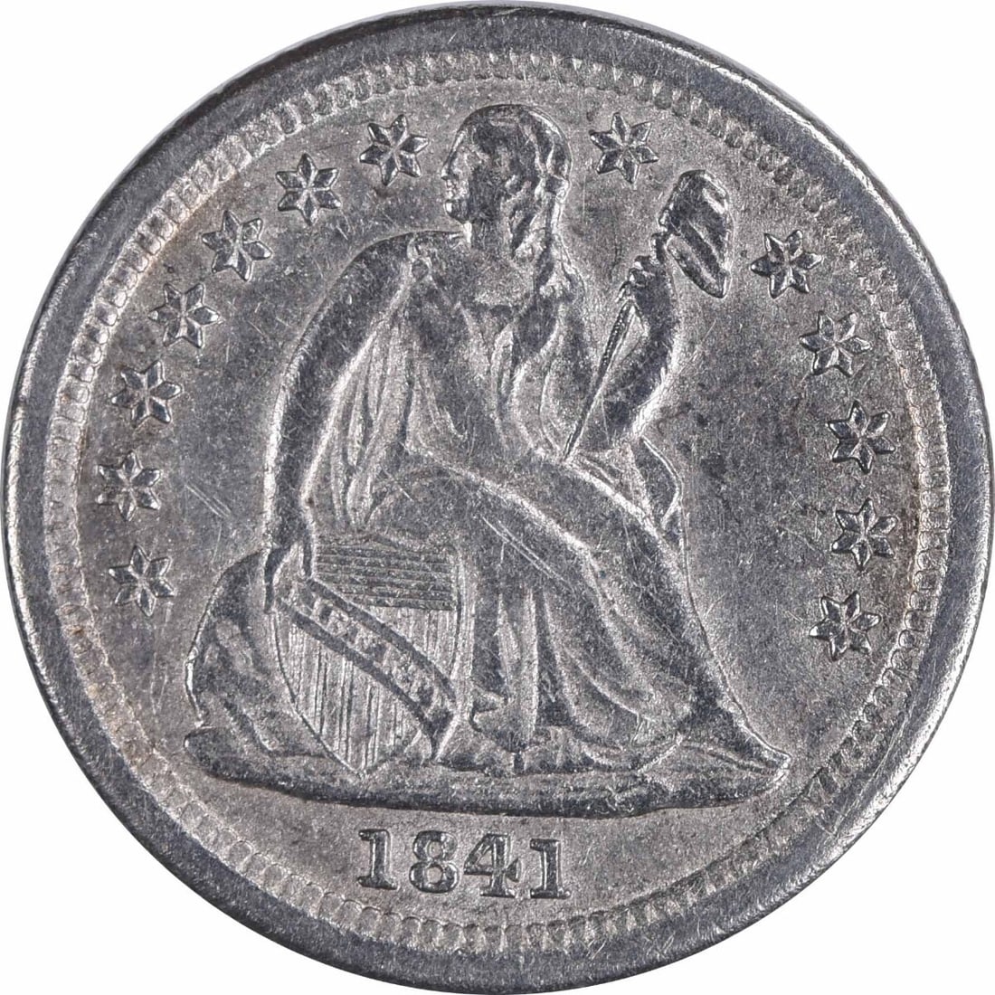 1841-O Seated Liberty Dime AU Grade Uncertified Silver Coin: 1841-O Seated Liberty Dime AU Grade Uncertified Silver Coin This 1841-O Liberty Seated Silver Dime was minted in New Orleans and features the classic Seated Liberty design by Robert Ball Hughes and Ch
