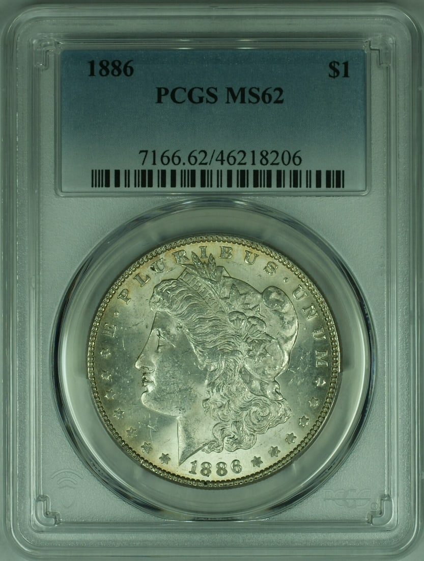 PCGS MS-62 Graded 1886 Morgan Silver Dollar from Philadelphia: PCGS MS-62 Graded 1886 Morgan Silver Dollar from Philadelphia This 1886 Morgan Silver Dollar coin was minted in Philadelphia and is certified by PCGS with a grade of MS 62. Made from silver with a fin
