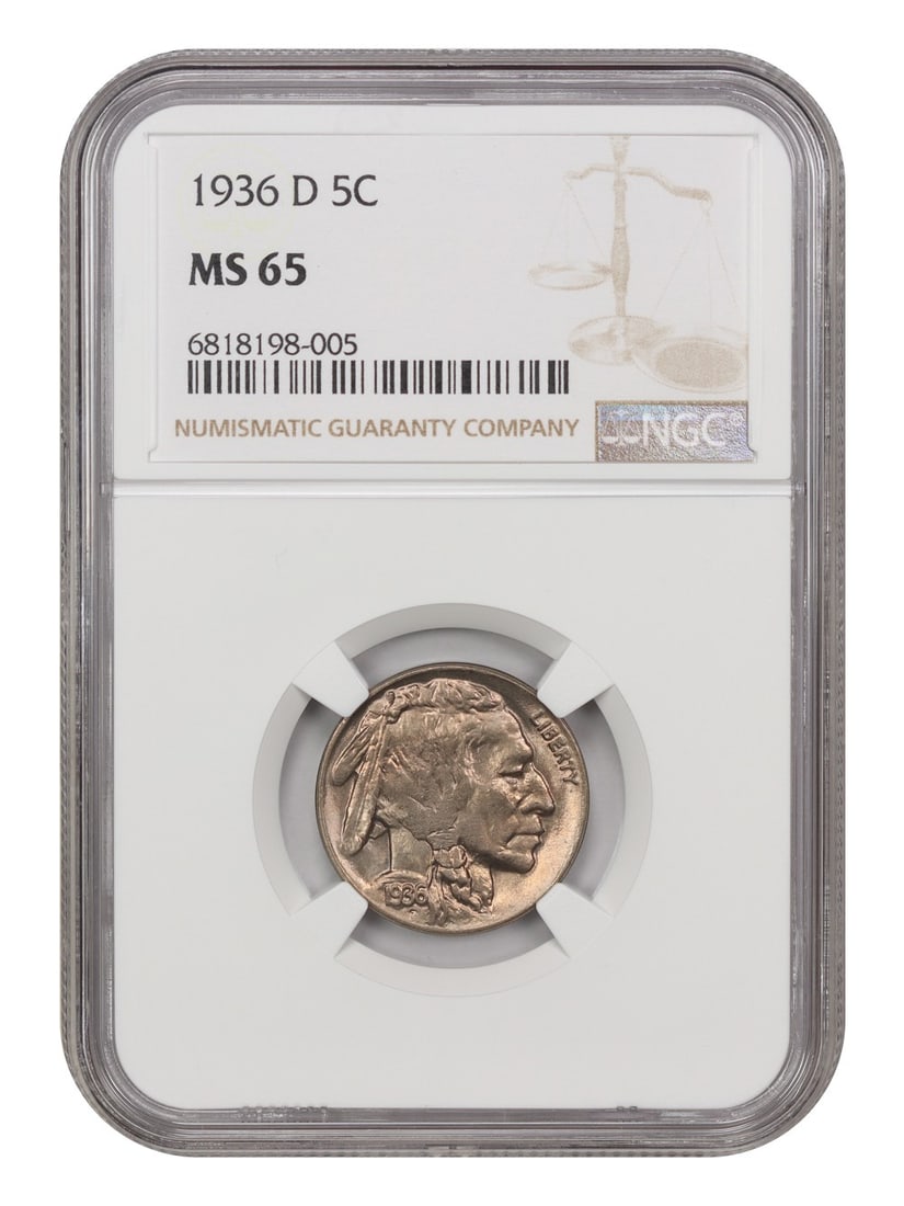 1936 Denver Buffalo Nickel 5 Cent NGC MS65 Graded Coin: 1936 Denver Buffalo Nickel 5 Cent NGC MS65 Graded Coin This is a 1936-D Buffalo Nickel graded MS65 by NGC. The coin is uncirculated and was minted in Denver. It belongs to the Buffalo Nickel series an