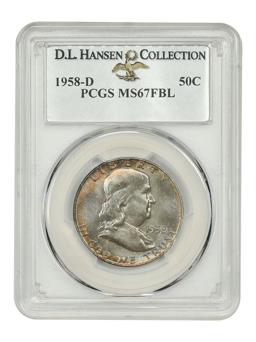1958-D Franklin Half Dollar PCGS MS67FBL Denver Mint: 1958-D Franklin Half Dollar PCGS MS67FBL Denver Mint This 1958-D Franklin Half Dollar is graded PCGS MS67FBL, signifying an uncirculated coin with a full bell line designation, which reflects its exce