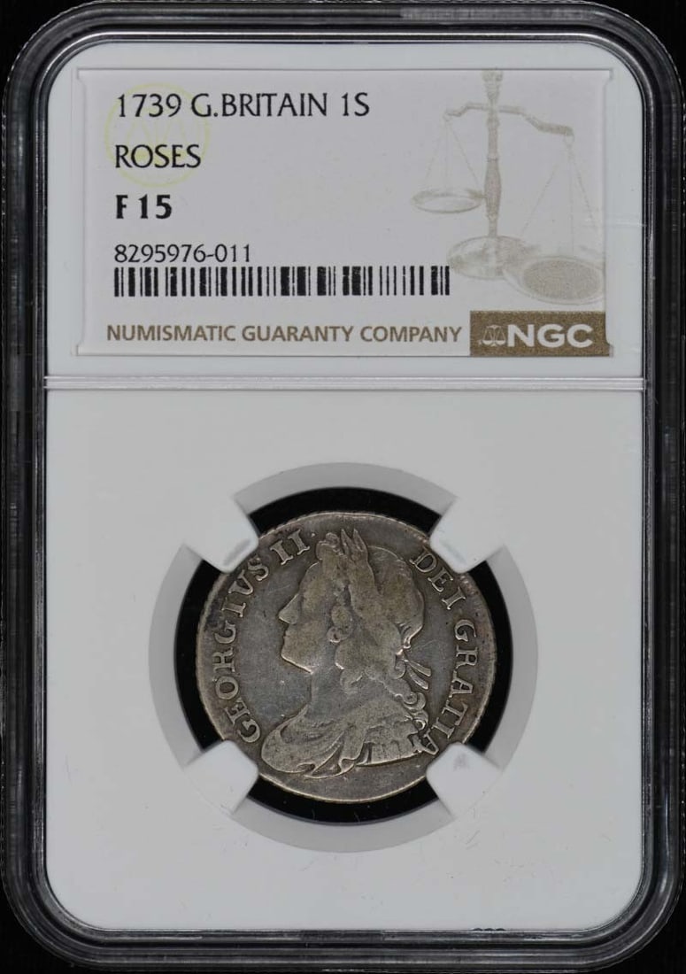 1739 Silver Shilling NGC F15 Certified Great Britain Roses Design Coin: 1739 Silver Shilling NGC F15 Certified Great Britain Roses Design Coin This is a 1739 Great Britain ESC-1201 Roses 1 Shilling silver coin, certified by NGC with a grade of F15. The coin is circulated