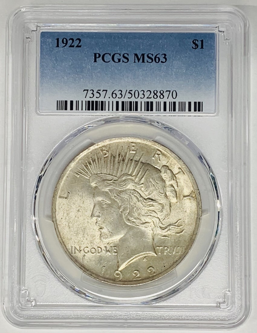 Lot of 10 1922 Peace Silver Dollars PCGS MS 63 Certified Coins: Lot of 10 1922 Peace Silver Dollars PCGS MS 63 Certified Coins This is a 1922 Peace Silver Dollar coin from the United States, certified by PCGS with a grade of MS 63. The coin is uncirculated and com