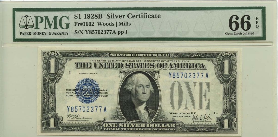 1928B $1 Silver Certificate Blue Seal PMG Gem 66 EPQ Fr# 1602: 1928B $1 Silver Certificate Blue Seal PMG Gem 66 EPQ Fr# 1602 This 1928B $1 Silver Certificate features a striking blue seal and is graded PMG Gem 66 EPQ, indicating its exceptional quality. As an unc