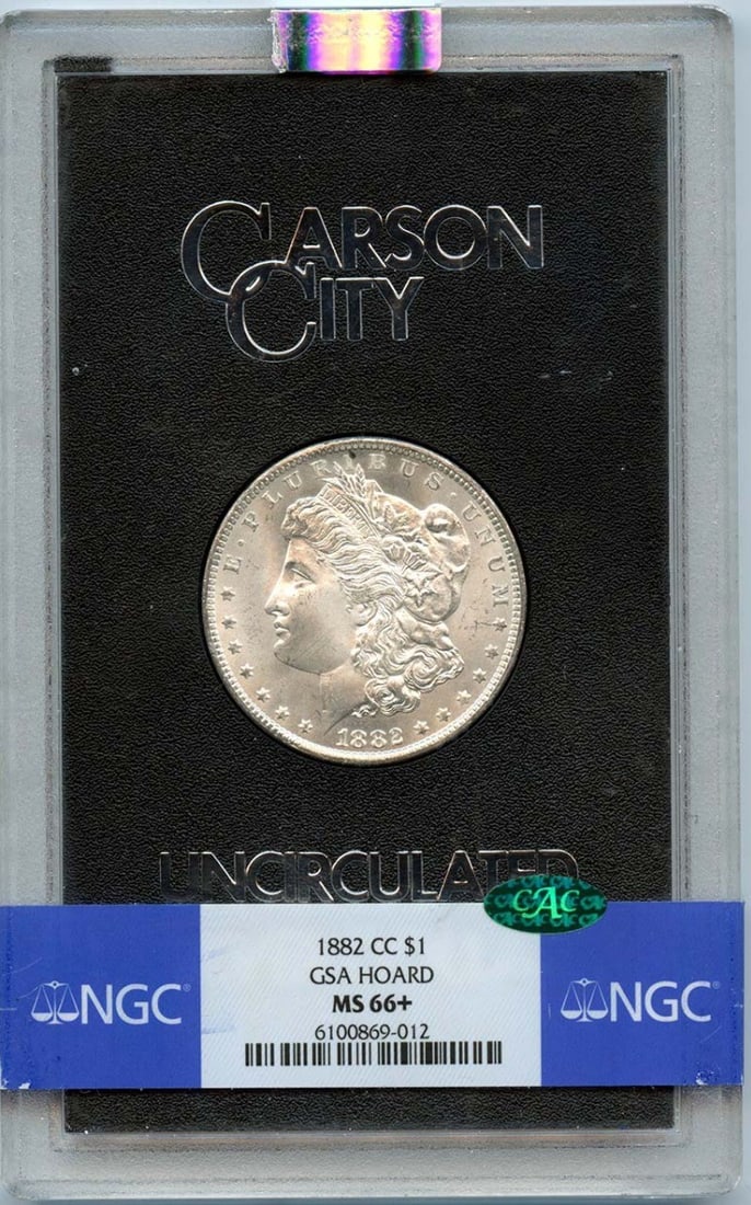 NGC MS66+ 1882 Carson City Morgan Dollar GSA Hoard CAC: NGC MS66+ 1882 Carson City Morgan Dollar GSA Hoard CAC This 1882-CC Morgan Dollar is part of the GSA Hoard and has been professionally graded MS66+ by NGC, with CAC approval. Minted in Carson City, th