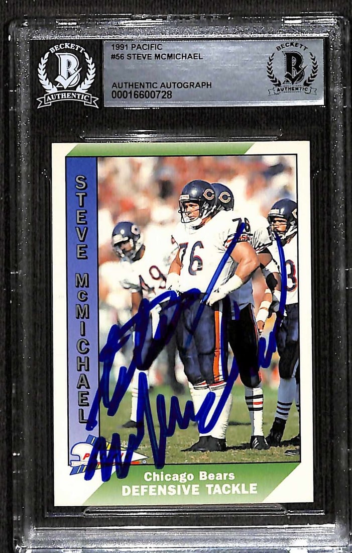Steve McMichael Signed 1991 Pacific #56 Football Card Beckett Authenticated: Steve McMichael Signed 1991 Pacific #56 Football Card Beckett Authenticated This is a signed 1991 Pacific #56 sports trading card featuring former Chicago Bears Defensive Tackle Steve McMichael. The c