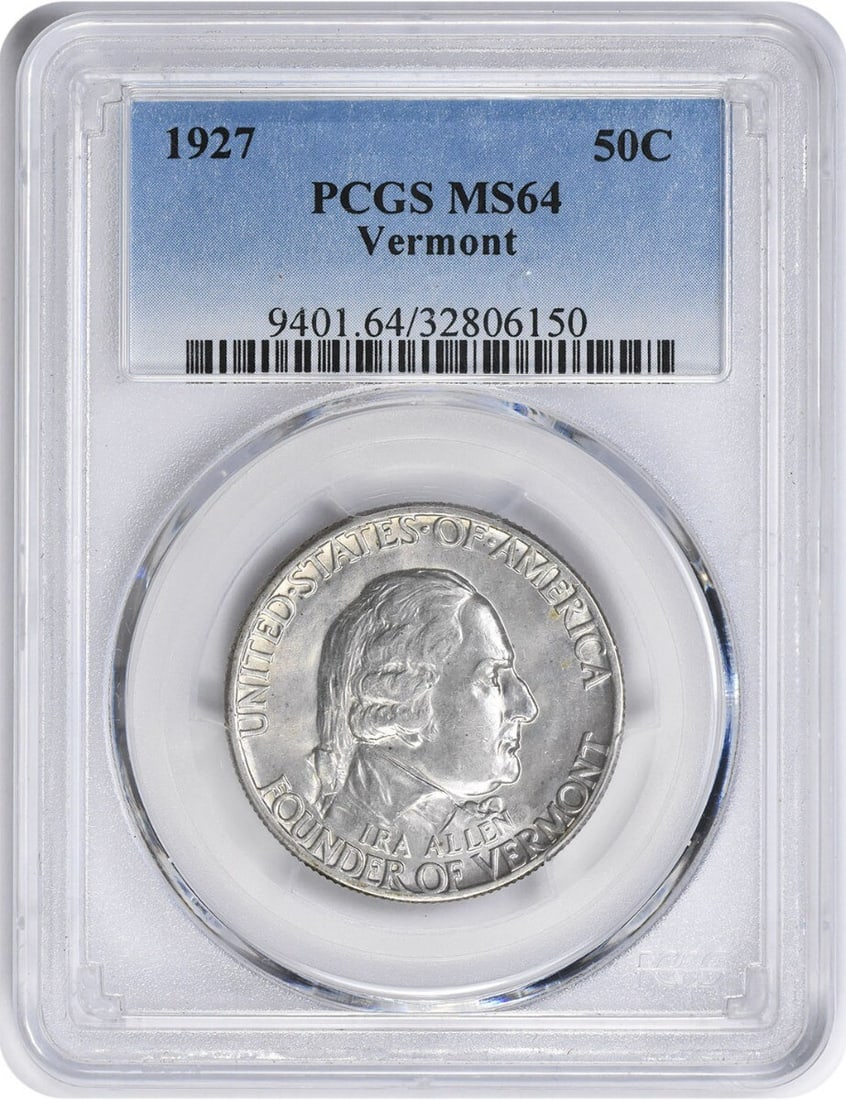 1927 Vermont Commemorative Silver Half Dollar MS64 PCGS Certified: 1927 Vermont Commemorative Silver Half Dollar MS64 PCGS Certified This 1927 Vermont Commemorative Silver Half Dollar is a stunning piece, graded MS64 by PCGS, ensuring its condition as uncirculated. S