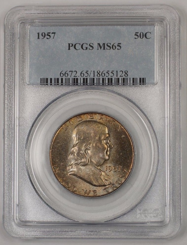 PCGS MS-65 1957 Silver Franklin Half Dollar Gem Uncirculated Philadelphia: PCGS MS-65 1957 Silver Franklin Half Dollar Gem Uncirculated Philadelphia This is a 1957 Franklin Silver Half Dollar 50-cent coin from the United States, certified by PCGS with a grade of MS 65. The c