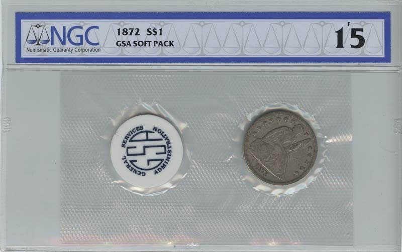 NGC F15 1872 Seated Liberty Dollar Philadelphia GSA Soft Pack: NGC F15 1872 Seated Liberty Dollar Philadelphia GSA Soft Pack This 1872 Seated Liberty Dollar features the Motto variety and has been certified by NGC with a grade of F15. Struck in Philadelphia, this