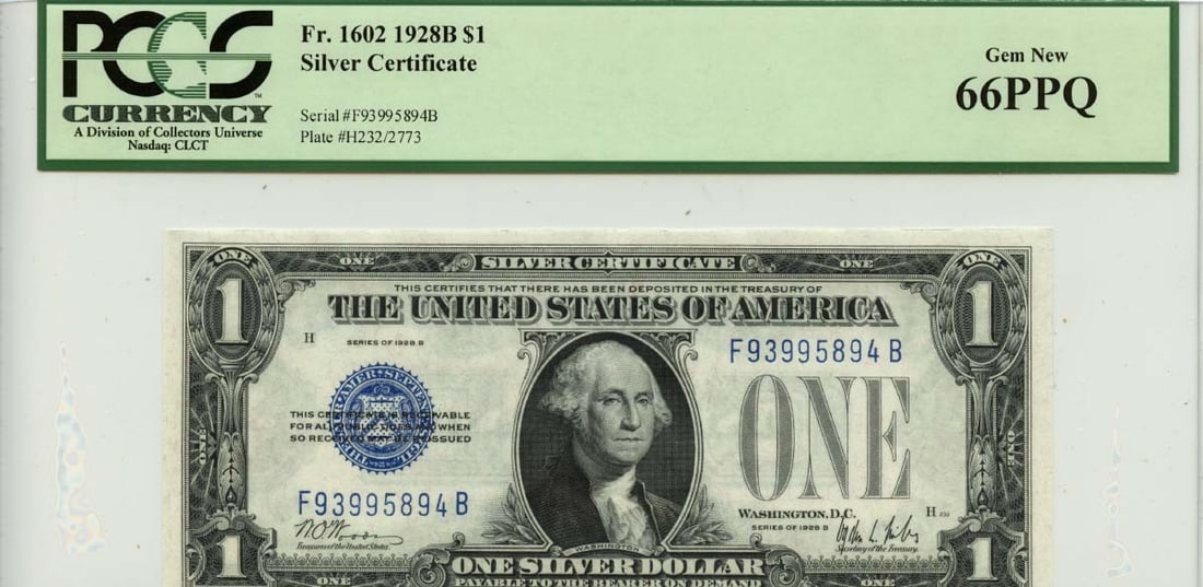1928B $1 Silver Certificate Blue Seal Type 1602 PCGS Gem 66 PPQ: 1928B $1 Silver Certificate Blue Seal Type 1602 PCGS Gem 66 PPQ This 1928B $1 Silver Certificate features a striking blue seal and has been certified by PCGS Currency with a certification number of 80