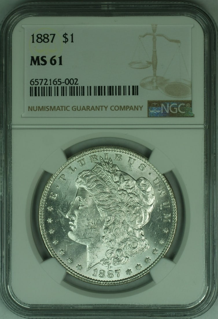 NGC MS-61 1887 Morgan Dollar Silver Coin Philadelphia Mint: NGC MS-61 1887 Morgan Dollar Silver Coin Philadelphia Mint This 1887 Morgan Silver Dollar is certified by NGC with a grade of MS-61. Struck at the Philadelphia Mint, the uncirculated coin is composed