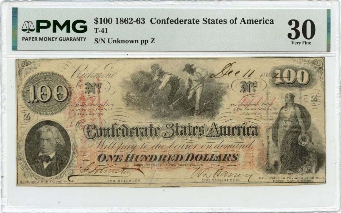 Confederate States T-41 $100 1862 PMG VF30 Certified Note: Confederate States T-41 $100 1862 PMG VF30 Certified Note This is an 1862 $100 Confederate States of America note, designated as T-41. The note has been certified by PMG with a grade of VF30, indicati