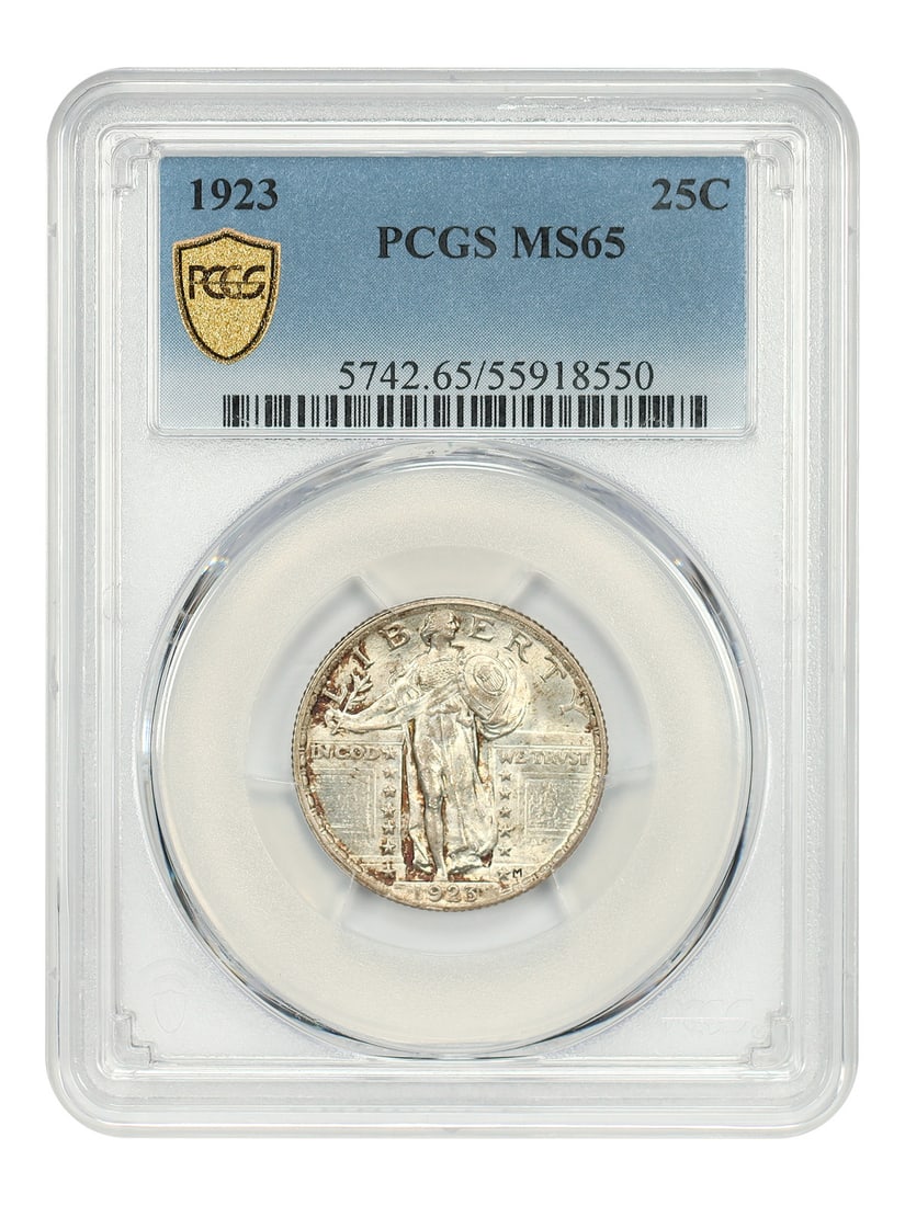 1923 Standing Liberty Quarter PCGS Graded MS65 Uncirculated 25C Coin: 1923 Standing Liberty Quarter PCGS Graded MS65 Uncirculated 25C Coin This 1923 Standing Liberty Quarter has been graded MS65 by PCGS. It is an uncirculated coin minted in Philadelphia, featuring a den