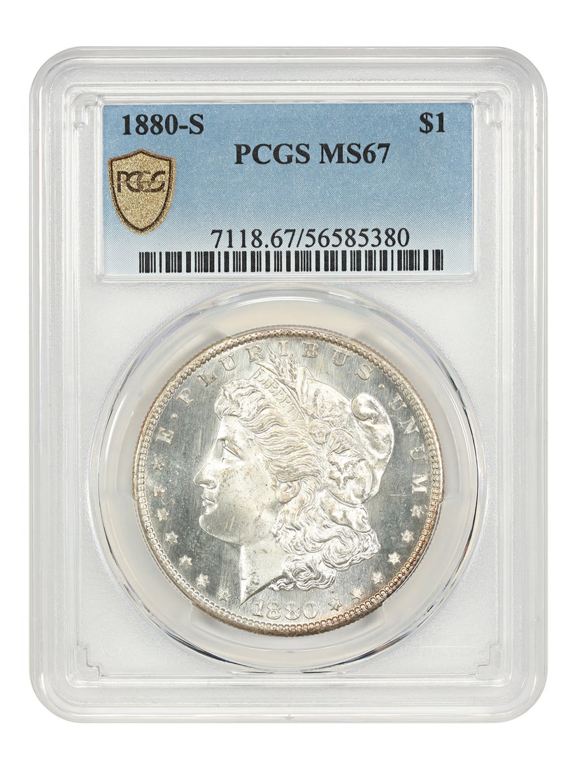 PCGS MS67 1880 San Francisco Morgan Silver Dollar: PCGS MS67 1880 San Francisco Morgan Silver Dollar This is an 1880-S Morgan Dollar graded MS67 by PCGS. The coin is uncirculated and features a strike from the San Francisco Mint. It belongs to the Mor