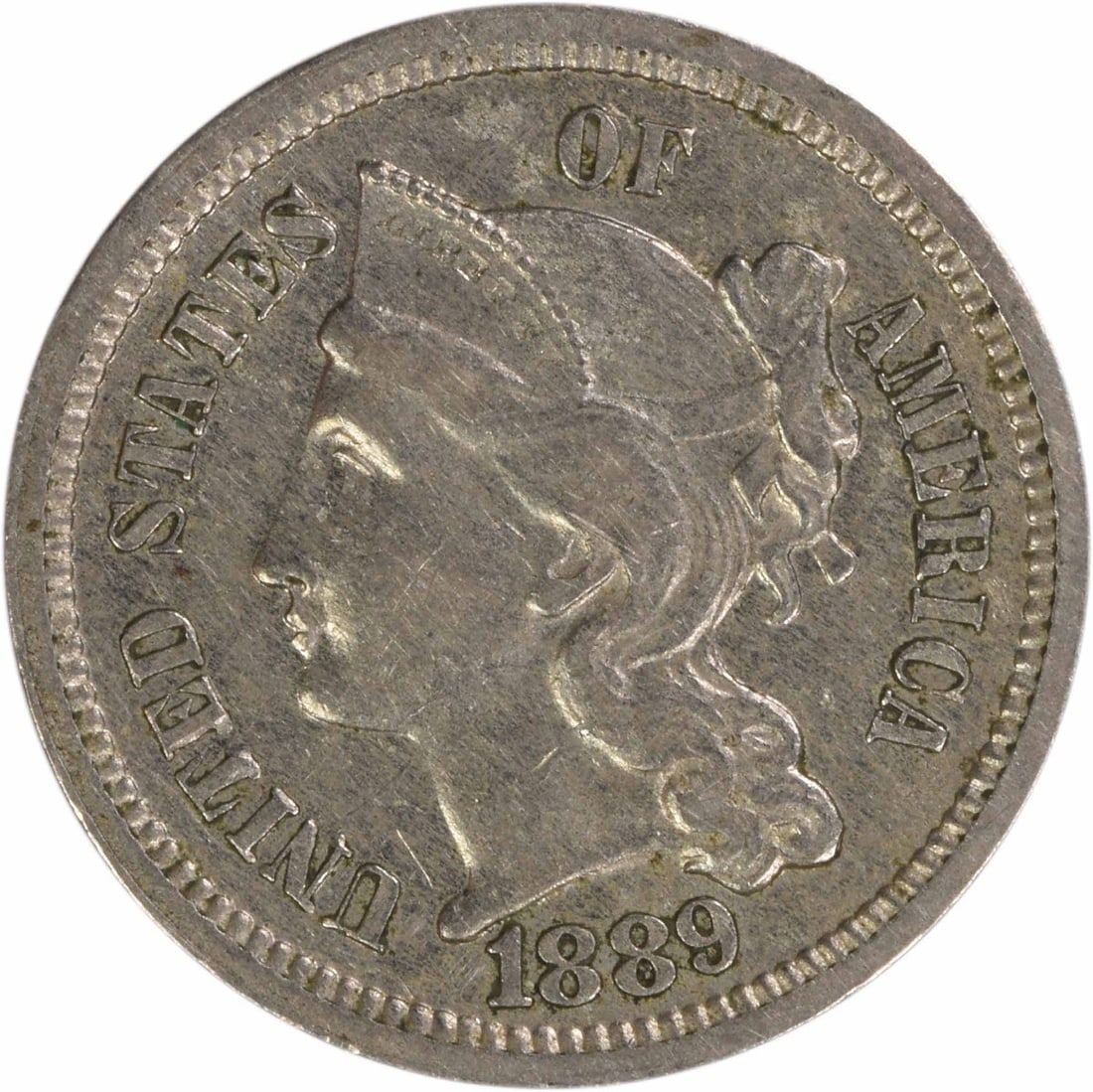 AU Grade 1889 Three Cent Nickel Coin Philadelphia Mint Uncertified: AU Grade 1889 Three Cent Nickel Coin Philadelphia Mint Uncertified This is an 1889 Three Cent Nickel coin from the United States, featuring the design by James Barton Longacre. The coin has been circu