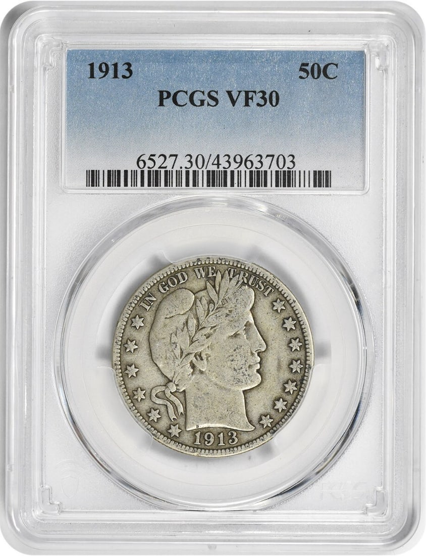 PCGS VF30 1913 Barber 90% Silver Half Dollar Philadelphia Mint: PCGS VF30 1913 Barber 90% Silver Half Dollar Philadelphia Mint This 1913 Barber Silver Half Dollar was minted in Philadelphia and certified by PCGS with a grade of VF30. Designed by Charles E. Barber,