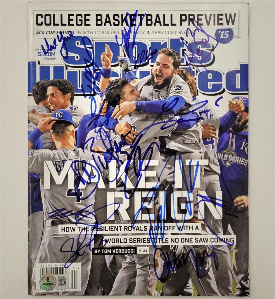 Sports Illustrated Magazine Signed by 12 Kansas City Royals Beckett Authenticated: Sports Illustrated Magazine Signed by 12 Kansas City Royals Beckett Authenticated This original 2015 World Series Sports Illustrated magazine featuring the Kansas City Royals has been hand-signed by 1