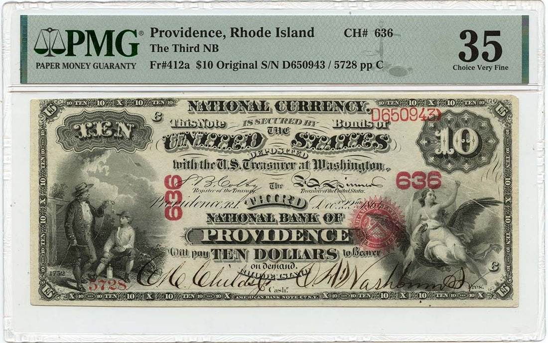 1865 Ten Dollar National Banknote PMG VF35 Third National Providence RI: 1865 Ten Dollar National Banknote PMG VF35 Third National Providence RI This 1865 $10 Original National banknote from the 3rd National Bank of Providence, Rhode Island, is graded VF35 by PMG. It is ca