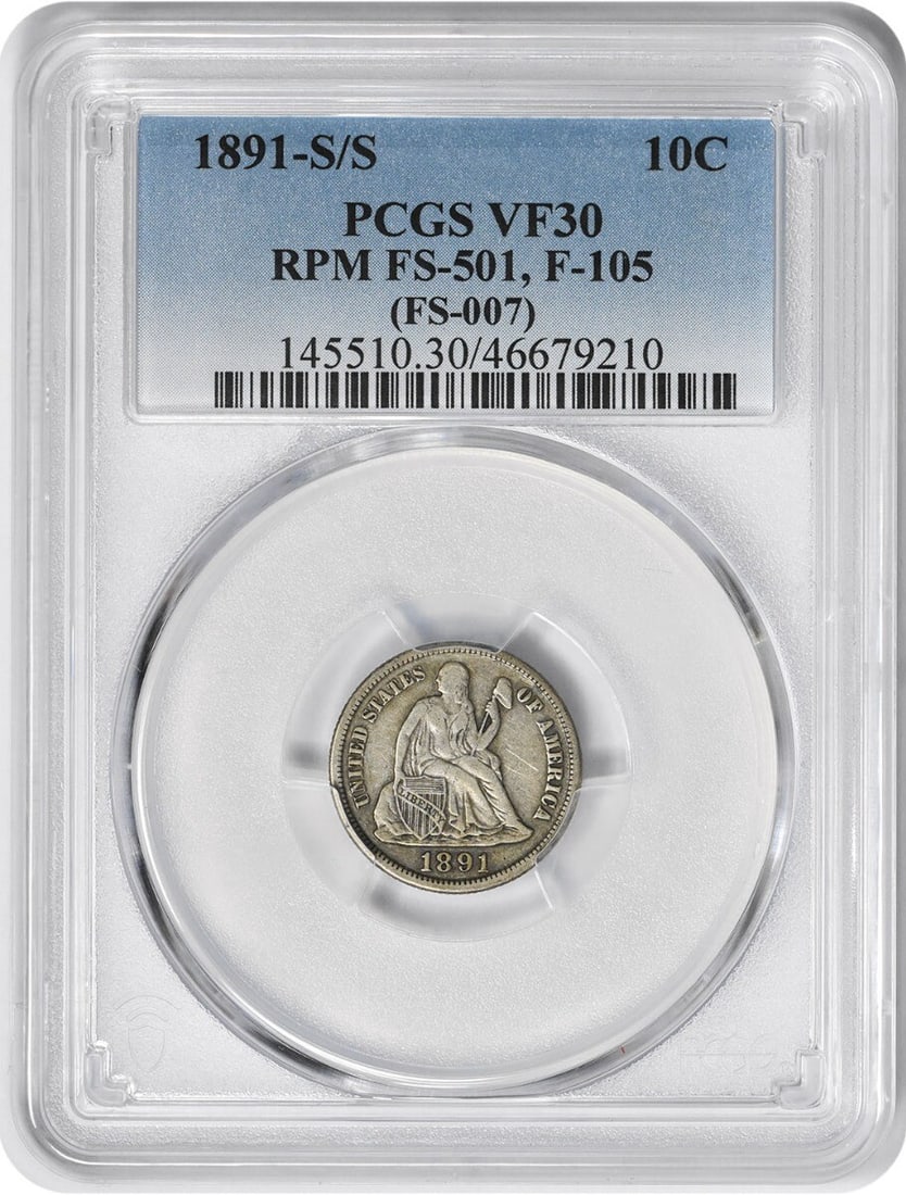 1891-S Liberty Seated Silver Dime VF30 PCGS 90% Silver: 1891-S Liberty Seated Silver Dime VF30 PCGS 90% Silver This 1891-S/S Liberty Seated Silver Dime is a remarkable piece of numismatic history. Certified by PCGS, this coin features a design by Christian