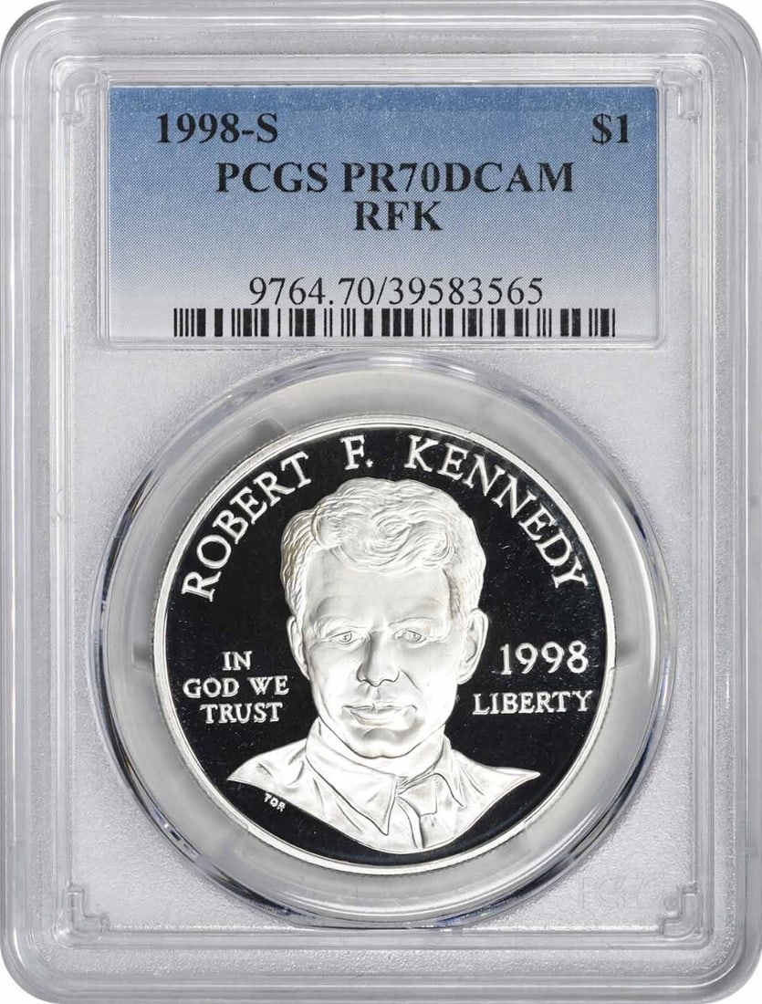 1998-S RFK Silver Dollar PR70DCAM PCGS Commemorative Coin: 1998-S RFK Silver Dollar PR70DCAM PCGS Commemorative Coin This 1998-S RFK Commemorative Silver Dollar is a stunning tribute to Robert F. Kennedy, graded PR70DCAM by PCGS, ensuring its pristine quality