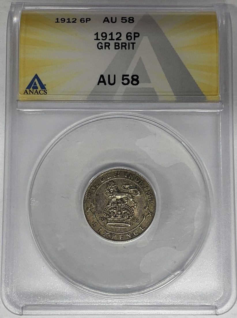 ANACS AU 58 Certified 1912 United Kingdom Six Pence Coin: ANACS AU 58 Certified 1912 United Kingdom Six Pence Coin This 1912 Great Britain 6 Pence coin is certified by ANACS with a grade of AU 58. The coin originates from the United Kingdom and features a de