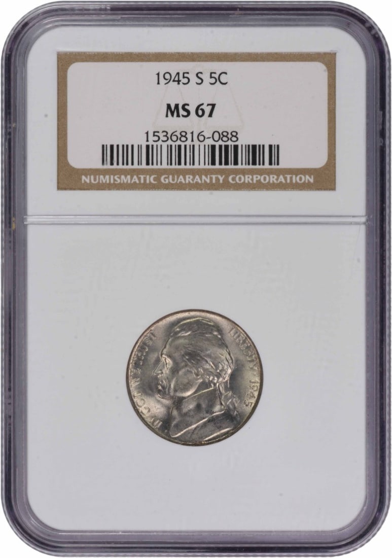 MS67 NGC 1945-S Five Cent Coin San Francisco Mint United States: MS67 NGC 1945-S Five Cent Coin San Francisco Mint United States This is a 1945-S Jefferson Nickel graded MS67 by NGC. The coin is uncirculated and features a composition of 56% copper, 35% silver, and