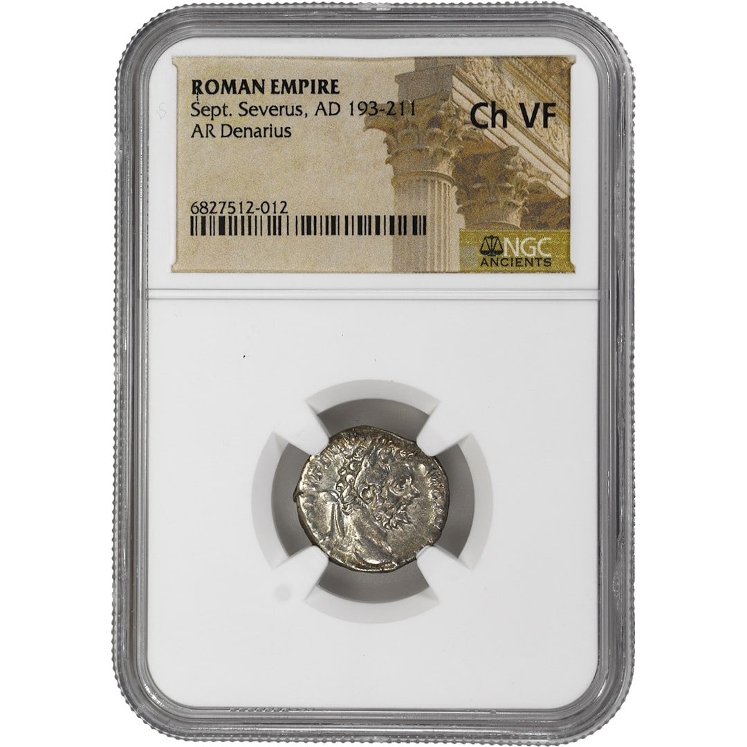 NGC Certified Roman Denarius Septimius Severus Choice VF Silver Coin: NGC Certified Roman Denarius Septimius Severus Choice VF Silver Coin This rare AR Denarius from the Roman Empire dates to the reign of Septimius Severus, AD 193-211. The coin is certified by NGC and g