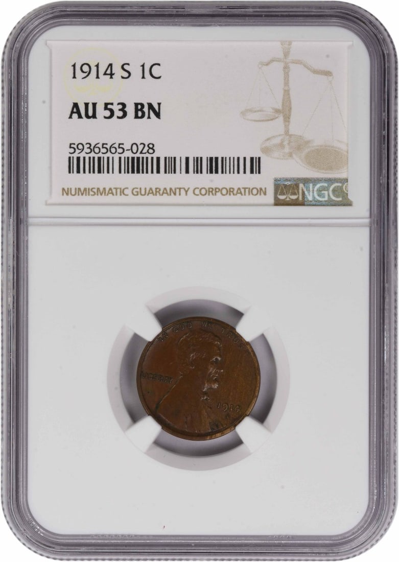 NGC AU53 1914 San Francisco Lincoln Wheat Cent United States Copper: NGC AU53 1914 San Francisco Lincoln Wheat Cent United States Copper This is a 1914-S Lincoln Wheat Cent graded AU53 by NGC. The coin is composed of copper and was minted in San Francisco. It is circul