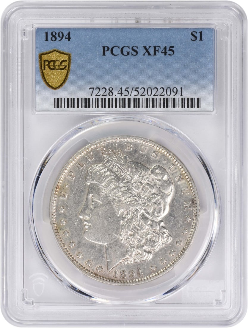 PCGS Graded EF45 1894 Morgan Dollar 90 Percent Silver Coin: PCGS Graded EF45 1894 Morgan Dollar 90 Percent Silver Coin This 1894 Morgan Silver Dollar was struck in Philadelphia and is composed of 90% silver and 10% copper. Certified by PCGS as EF45, this circu