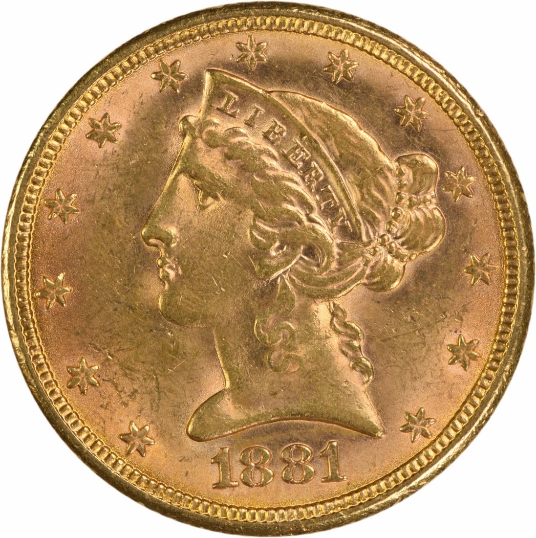 1881 Liberty Head $5 Gold Coin Brilliant Uncirculated Uncertified: 1881 Liberty Head $5 Gold Coin Brilliant Uncirculated Uncertified This 1881 $5 Gold Liberty Head coin is a pre-owned, circulated piece from the United States. Featuring brilliant uncirculated (BU) qua