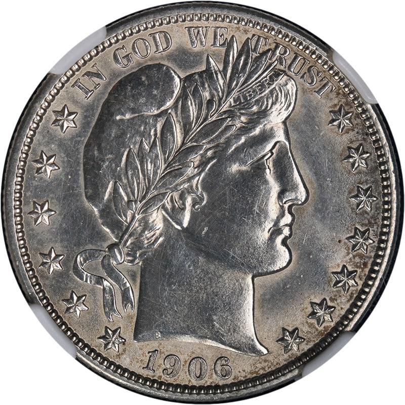 NGC Uncirculated 1906-S Silver Barber Half Dollar Strongly Struck: NGC Uncirculated 1906-S Silver Barber Half Dollar Strongly Struck This 1906-S Barber Half Dollar is graded by NGC as Uncirculated Details and features a strong strike with a shiny finish. The coin off