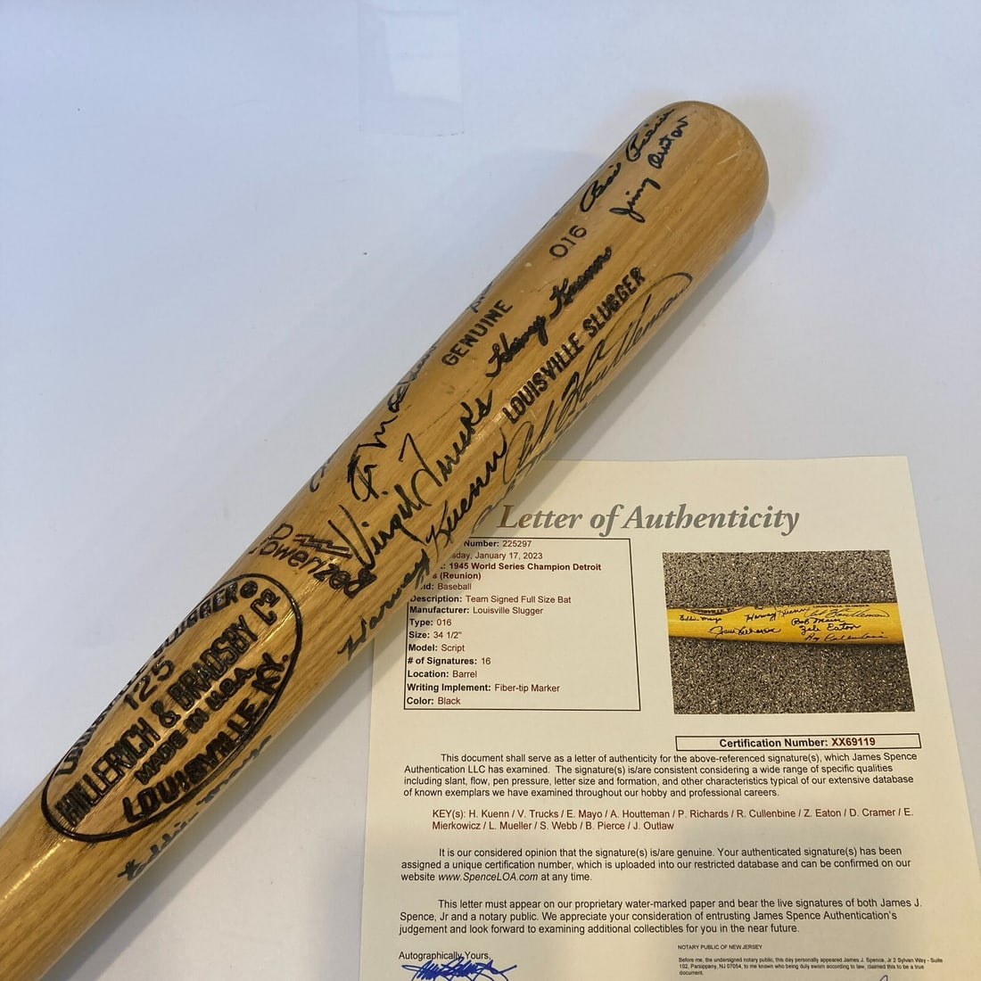 1945 Detroit Tigers Signed Game Issued Bat with JSA Authentication: 1945 Detroit Tigers Signed Game Issued Bat with JSA Authentication Celebrate the legacy of baseball with this remarkable 1945 Detroit Tigers World Series Champions team-signed game-issued baseball bat