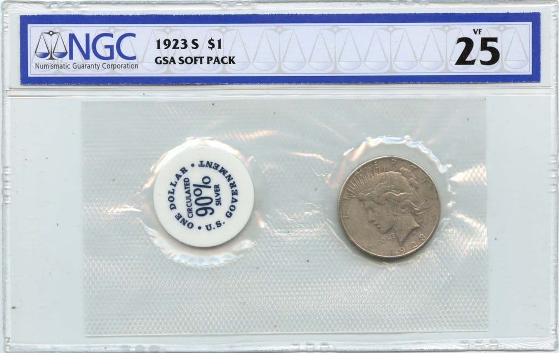 1923-S San Francisco Peace Dollar NGC VF25 GSA Soft Pack Silver Coin: 1923-S San Francisco Peace Dollar NGC VF25 GSA Soft Pack Silver Coin This is a 1923-S Peace Dollar, certified by NGC with a grade of VF25. The coin was minted in San Francisco and is circulated. It co