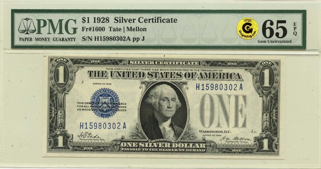 PMG GEM 65 EPQ 1928 United States $1 Silver Certificate FR1600: PMG GEM 65 EPQ 1928 United States $1 Silver Certificate FR1600 This is a 1928 $1 Silver Certificate from the United States, certified by PMG with a grade of GEM 65 EPQ. The note is uncirculated and pr