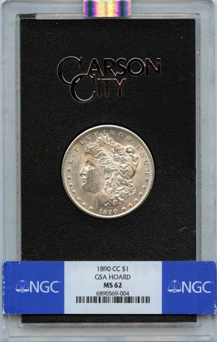 NGC MS62 1890 Carson City Morgan Dollar GSA Hoard Silver $1 Coin: NGC MS62 1890 Carson City Morgan Dollar GSA Hoard Silver $1 Coin This 1890-CC Morgan Dollar from the GSA Hoard is graded MS62 by NGC. Minted in Carson City, this uncirculated silver dollar is a collec