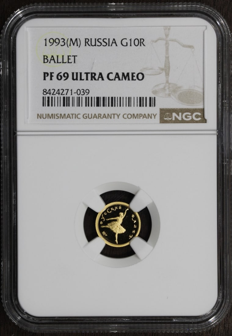 1993 Russia 10 Roubles NGC PF69 Proof 1/20 oz Ballet Gold Coin: 1993 Russia 10 Roubles NGC PF69 Proof 1/20 oz Ballet Gold Coin This is a 1993 Russia 10 Roubles gold coin featuring a ballet design. Graded PF69 by NGC, the coin is uncirculated and contains 1/20 oz o