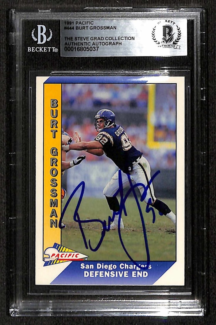 Burt Grossman Signed 1991 Pacific #444 Card Beckett Authenticated: Burt Grossman Signed 1991 Pacific #444 Card Beckett Authenticated This is a signed 1991 Pacific #444 sports trading card featuring Burt Grossman, a Defensive End for the San Diego Chargers. The card h
